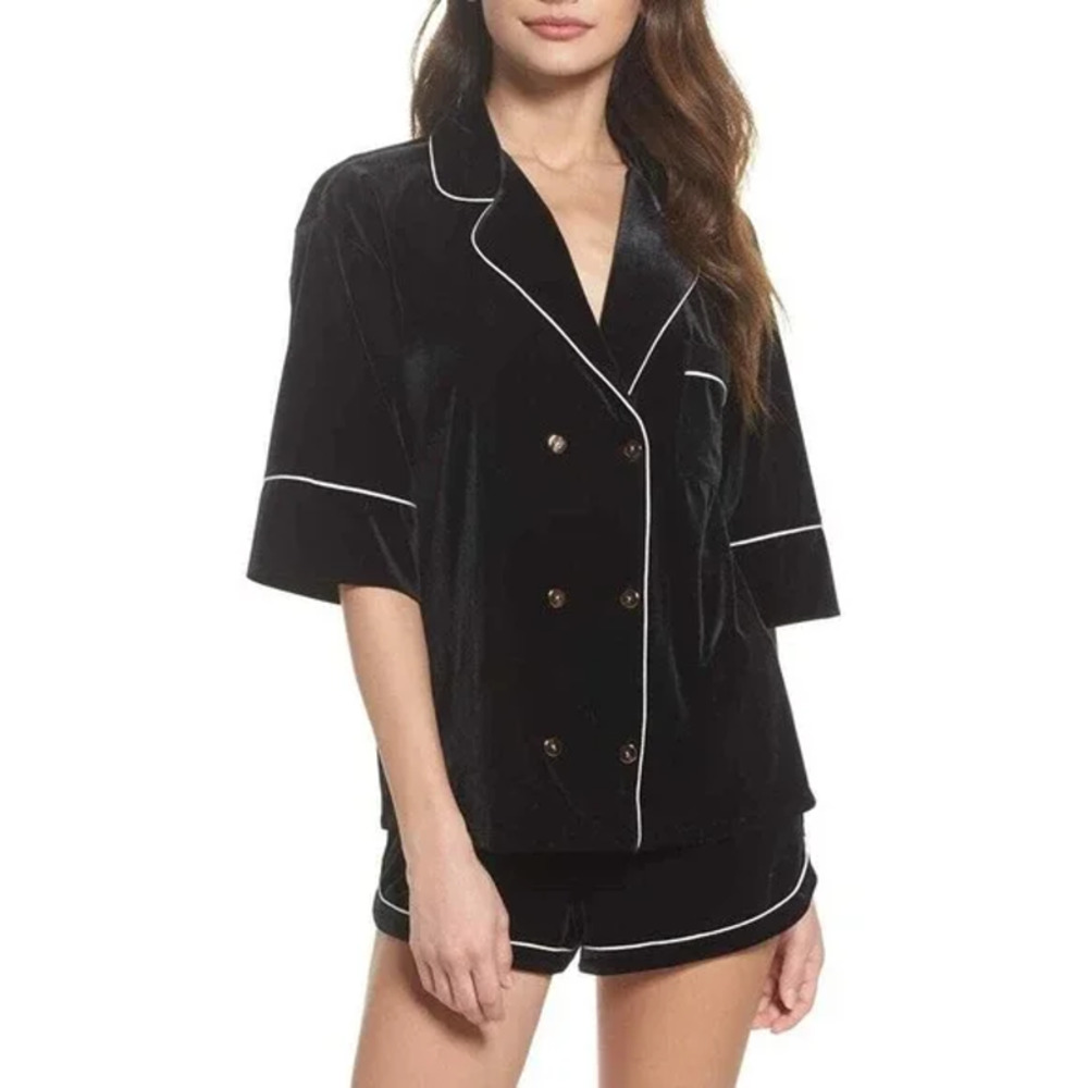 Chelsea28 | Black Velvet Contrast Piping Double-Breasted Pajama Top